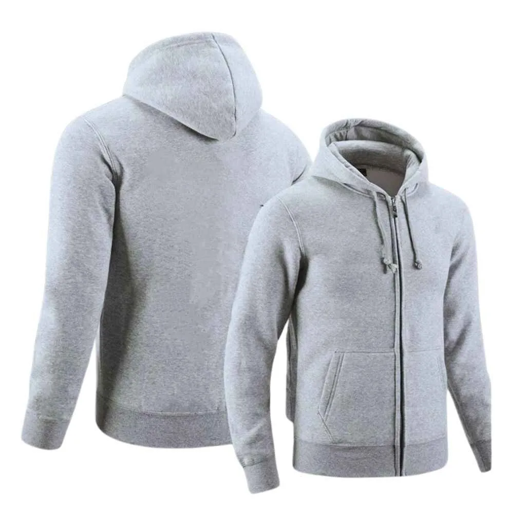 Gray athletic hoodie displayed from the front and back, featuring a zip closure and kangaroo pocket.
