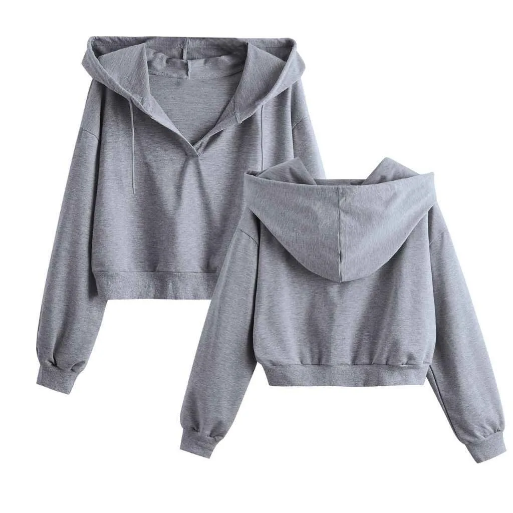 Gray cropped hoodie displayed from the front and back, featuring a hood and elastic cuffs.