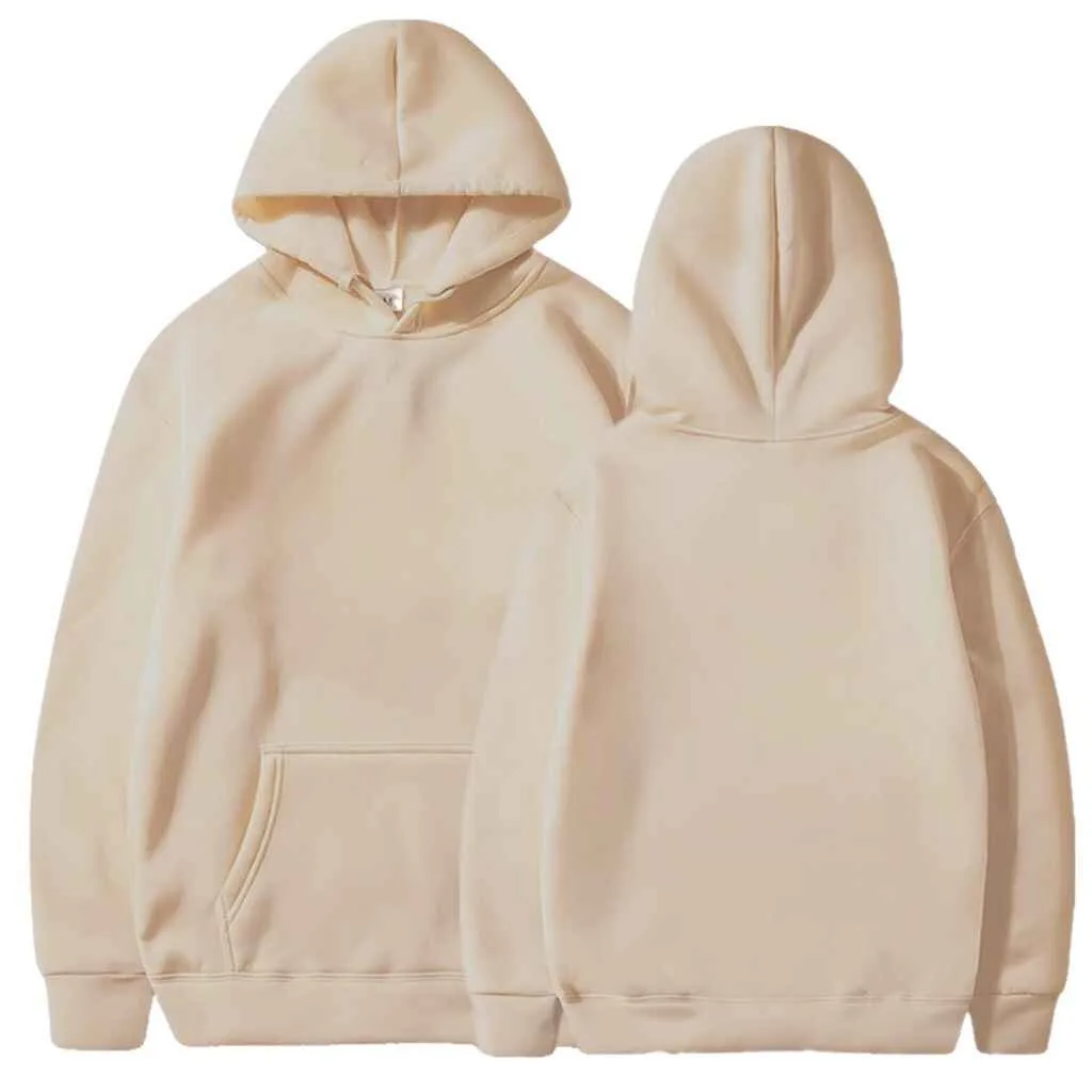 Beige oversized hoodie shown from the front and back, featuring a kangaroo pocket and hood.