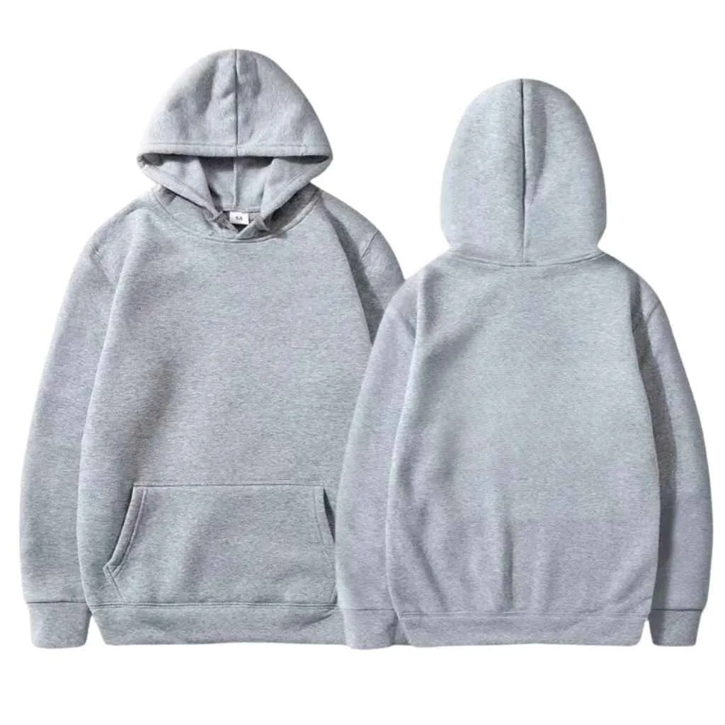 Gray hoodie, front and back views, with a kangaroo pocket.