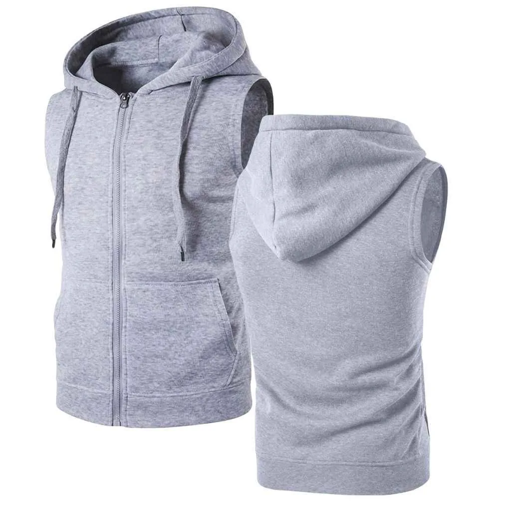 Light gray sleeveless hoodie shown from the front and back, featuring a zipper and hood.