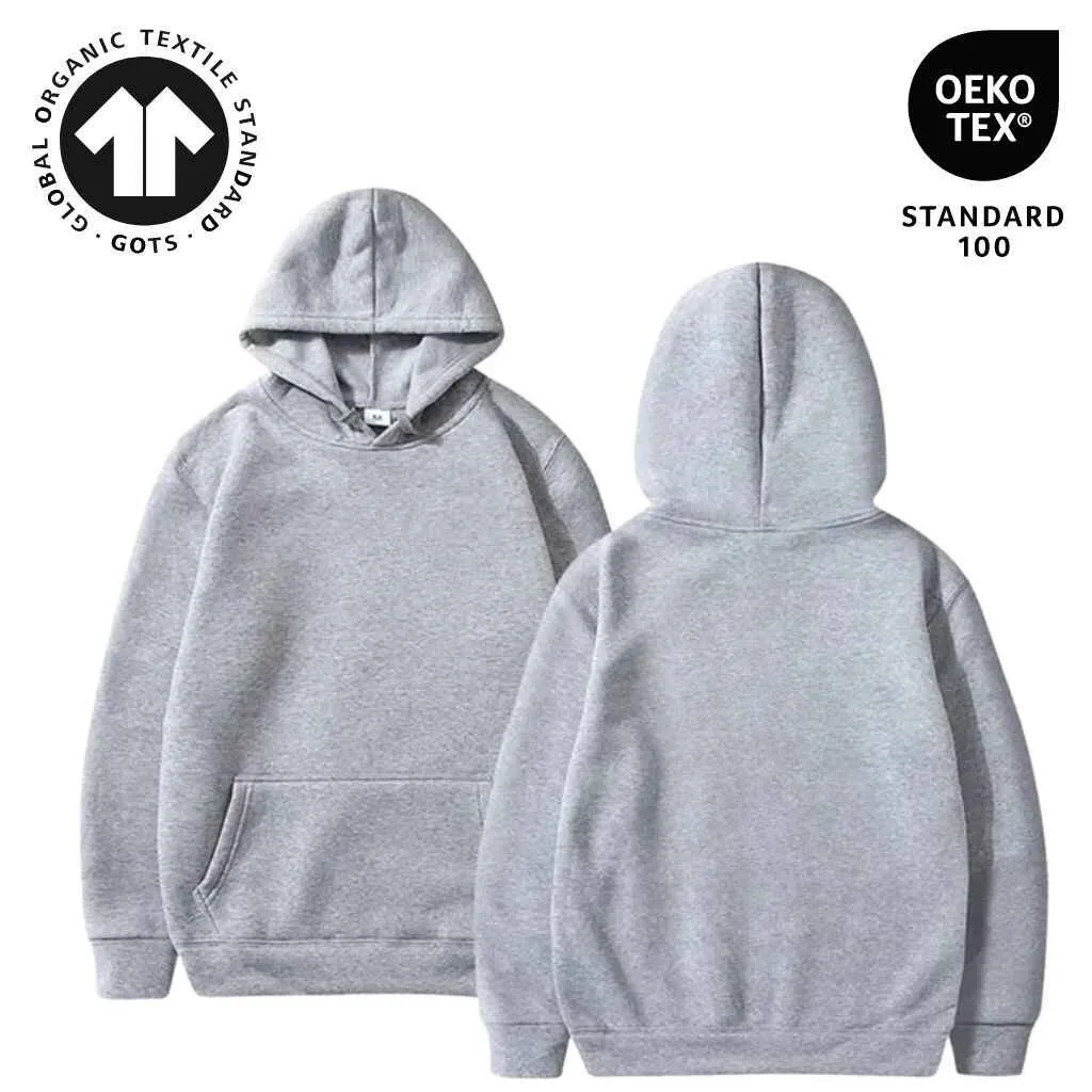 Gray sustainable hoodie displayed from the front and back, featuring a pocket and a hood, with eco-certification logos.