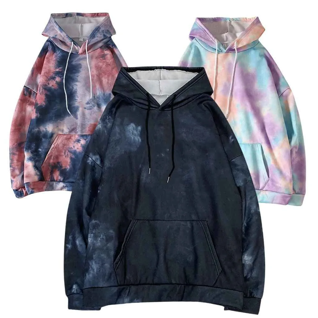  Three tie-dye hoodies in various colors displayed together, showcasing unique patterns and designs.