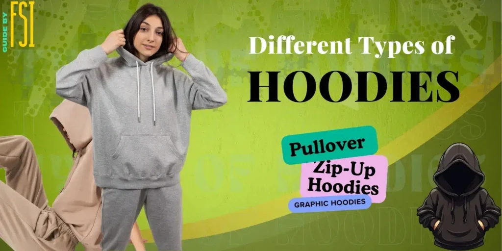 A woman wearing a gray pullover hoodie, showcasing various hoodie styles including pullover, zip-up, and graphic hoodies against a colorful background.