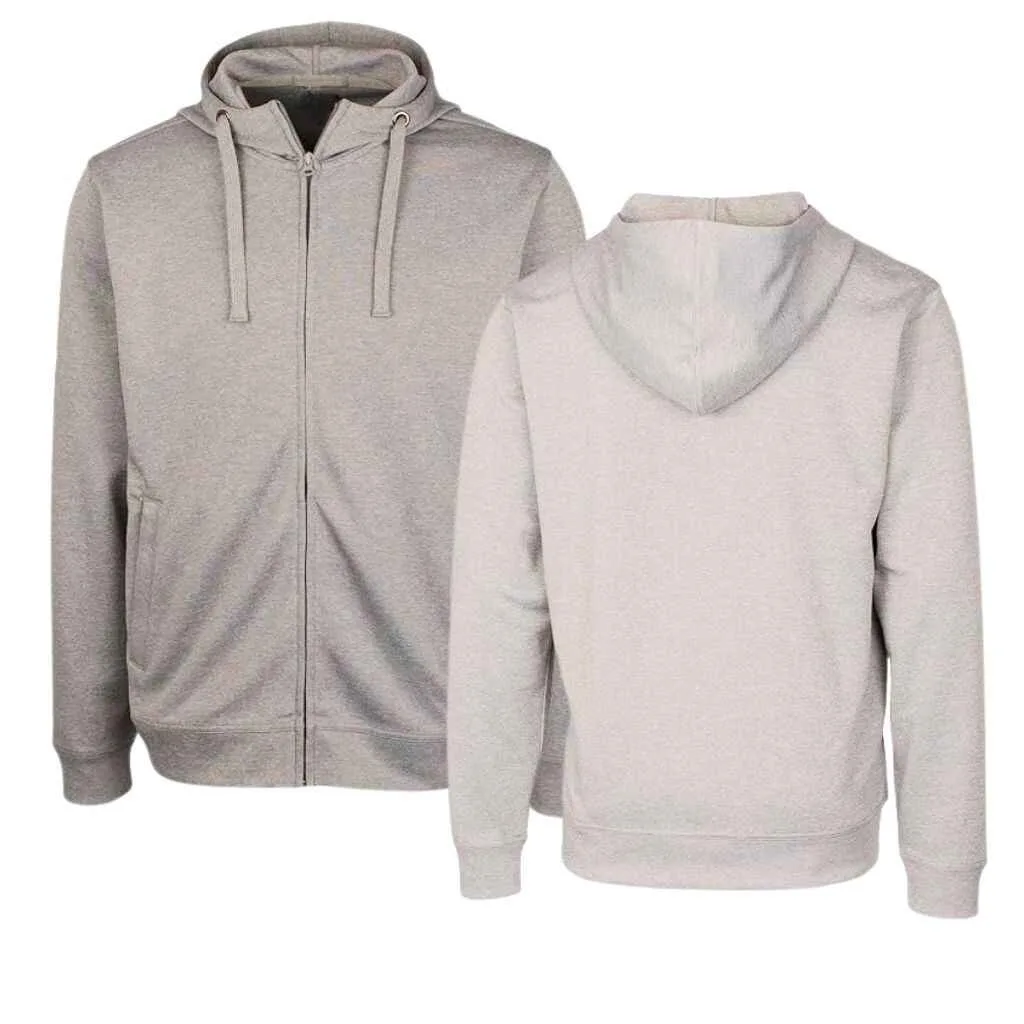 Front and back view of a light gray zip-up hoodie with a kangaroo pocket.