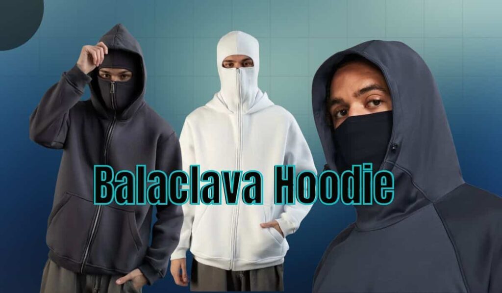 Two models wearing balaclava hoodies in black and white against a gradient background