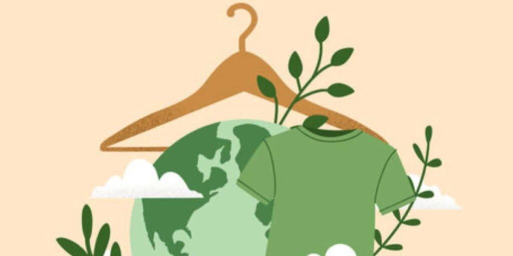 Illustration of a sustainable textile concept featuring a green t-shirt, a hanger, and a globe surrounded by leaves and clouds.
