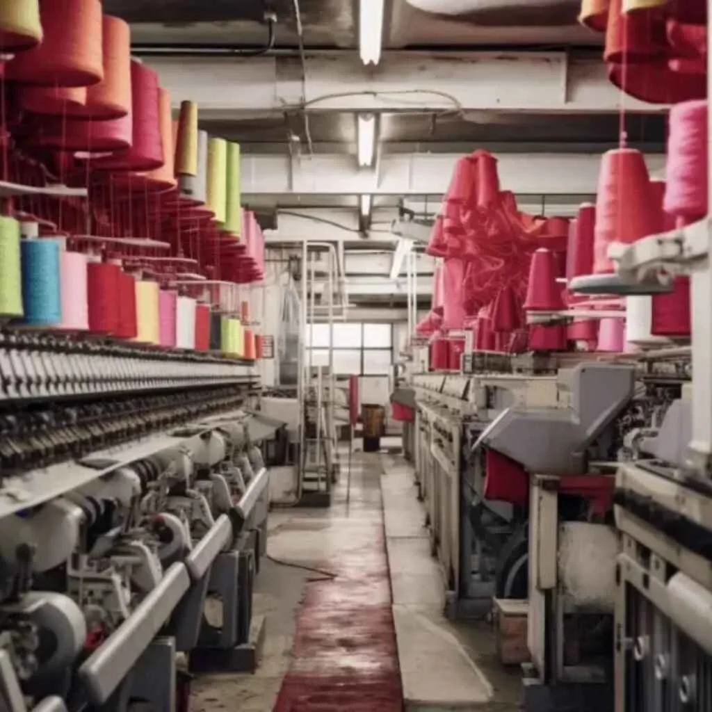 Colorful thread spools hanging in a textile manufacturing facility with machinery on both sides.