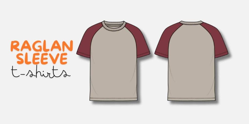 Raglan sleeve t-shirts design with maroon sleeves and beige body, shown from front and back.