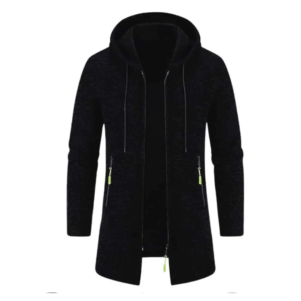 Black cardigan hoodie with a zip front and drawstring hood, featuring stylish zipper pockets.