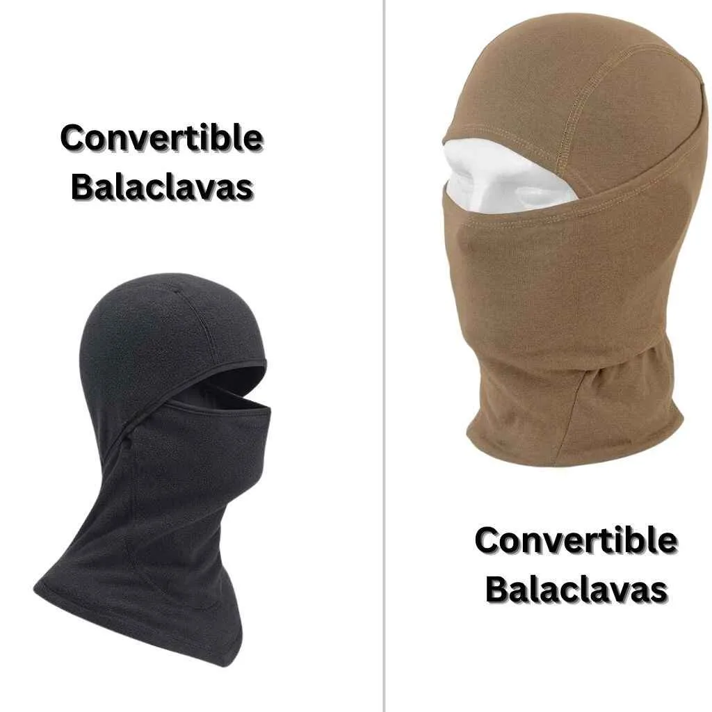 Different types of balaclavas shown in various styles and uses for convertible balaclava