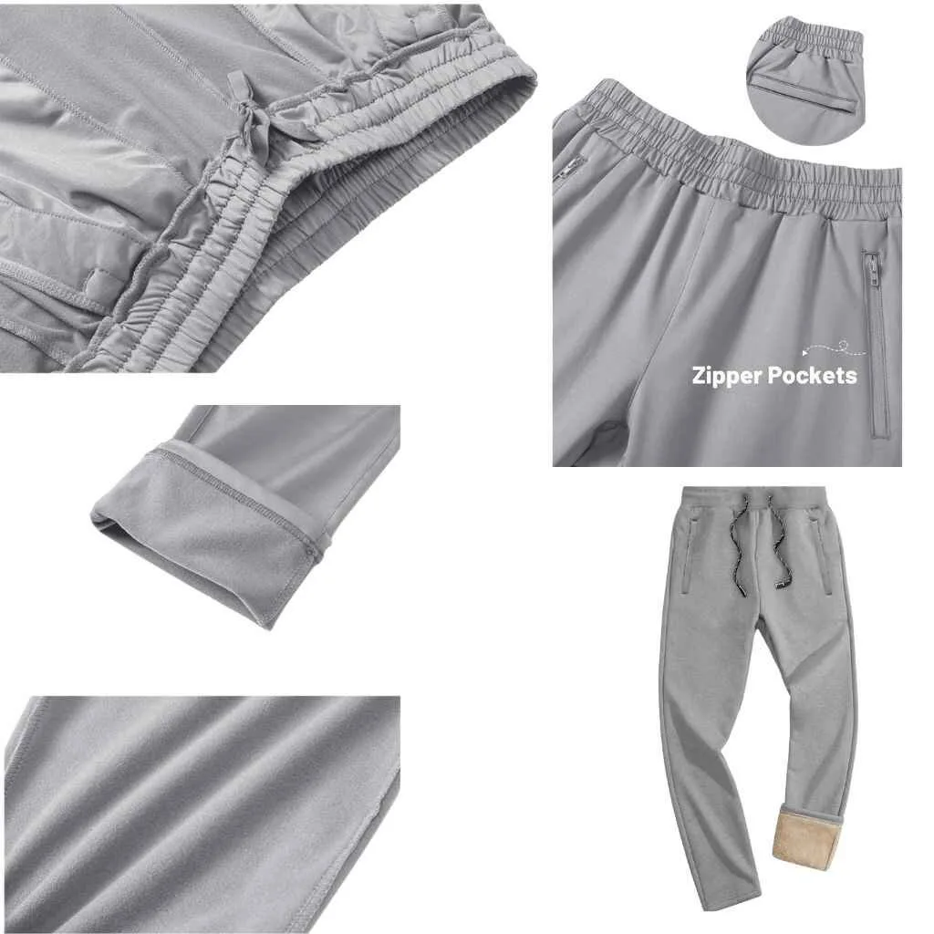 Grey fleece joggers for men showing elastic waistband, zipper pockets, and cuffs.
