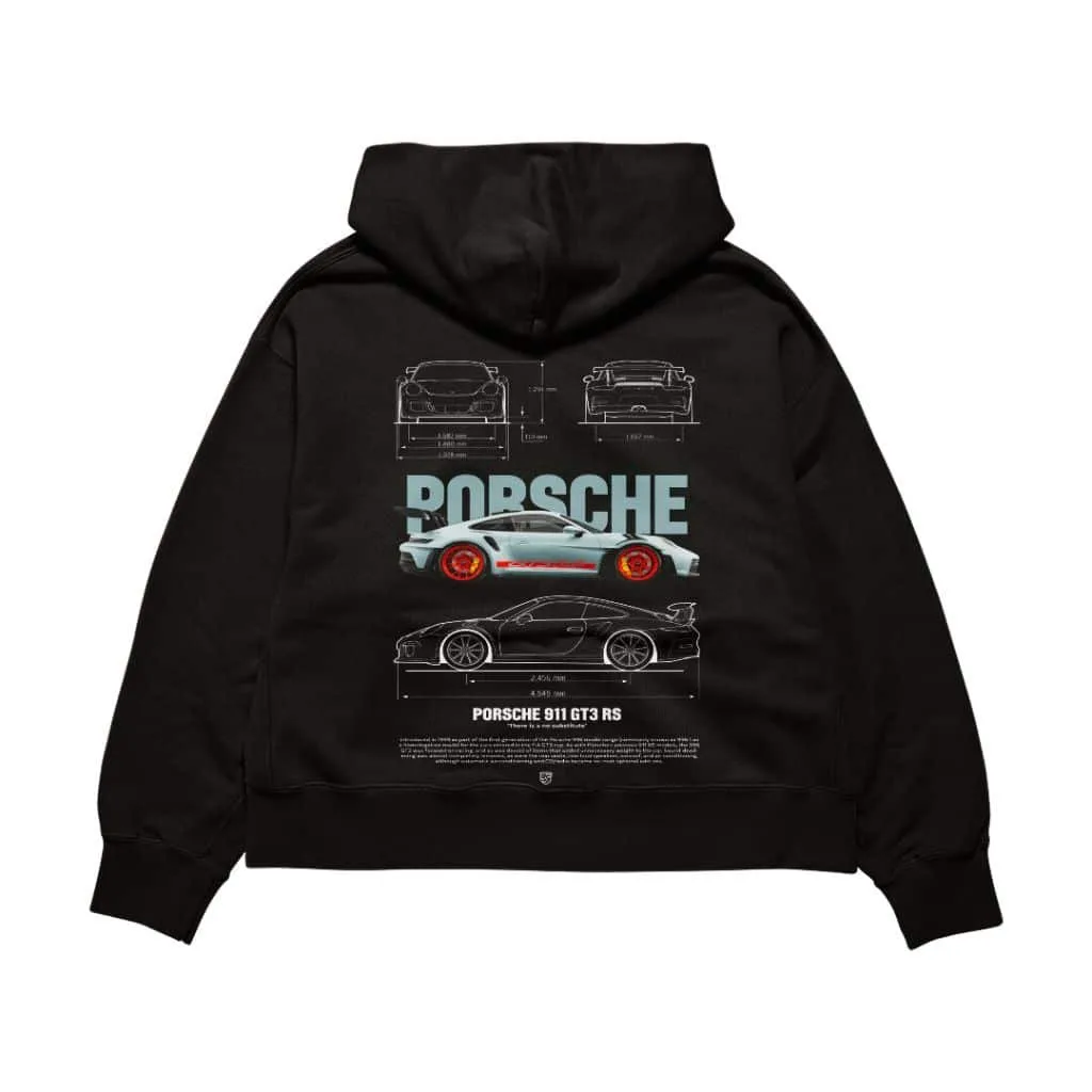 Black graphic hoodie featuring a detailed print of a Porsche 911 GT3 RS with technical illustrations.
