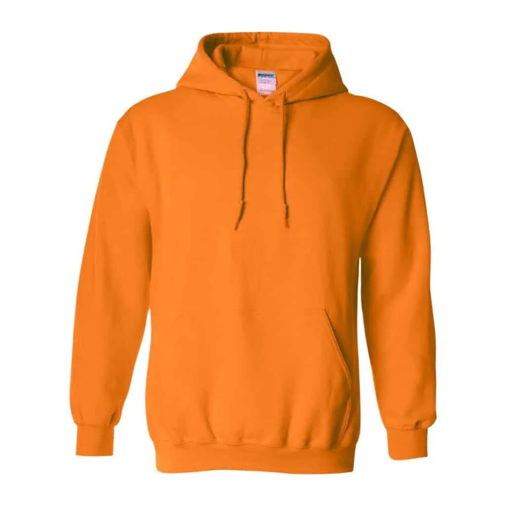 Bright orange hooded sweatshirt dress with a relaxed fit and front pocket, displayed from the front.