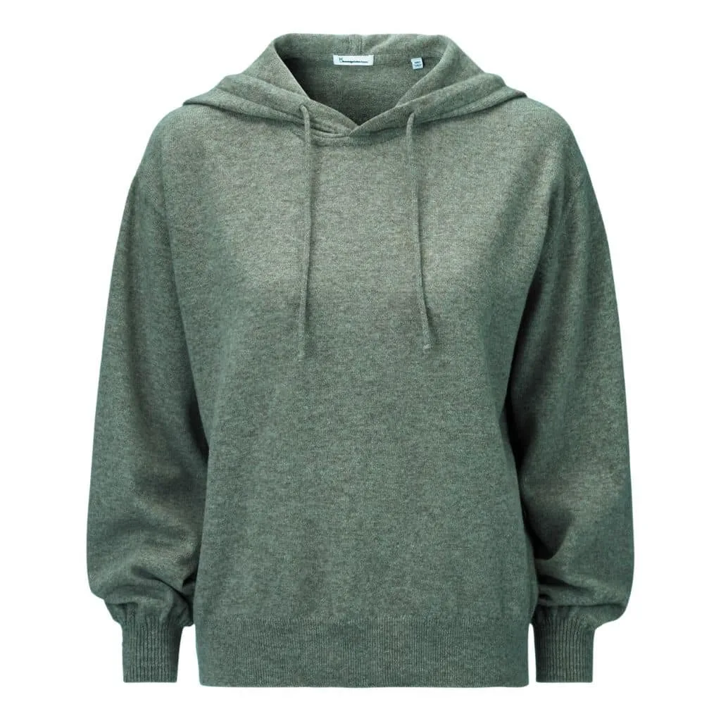 Olive green knitted hoodie with a drawstring hood and ribbed cuffs, displayed from the front.