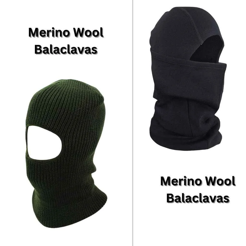 A close-up image of a Merino wool balaclava, showcasing its soft and breathable fabric. The balaclava covers the head, neck, and part of the face, with an opening for the eyes. Ideal for cold-weather activities, the material emphasizes comfort and warmth while maintaining a snug fit. A luxury Choose.