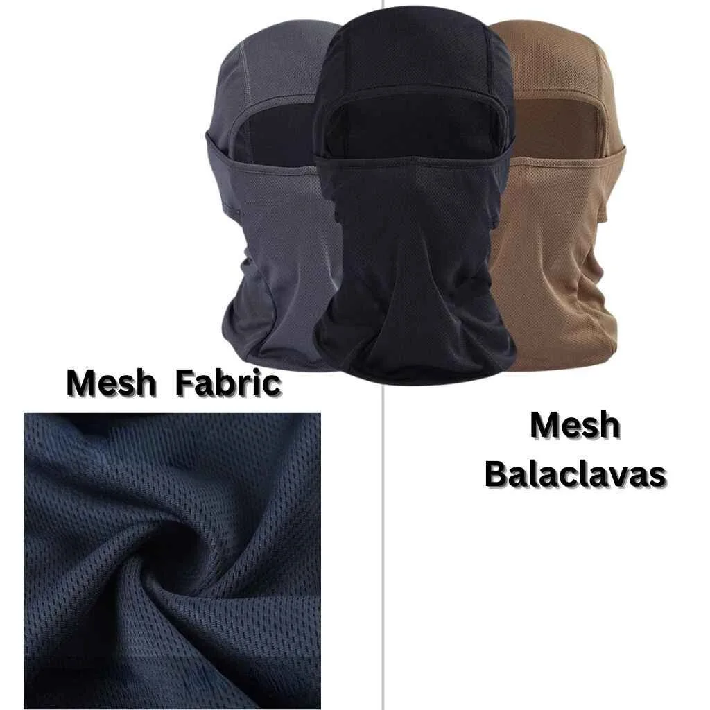 Different types of balaclavas shown in various styles and uses. Mesh balaclava