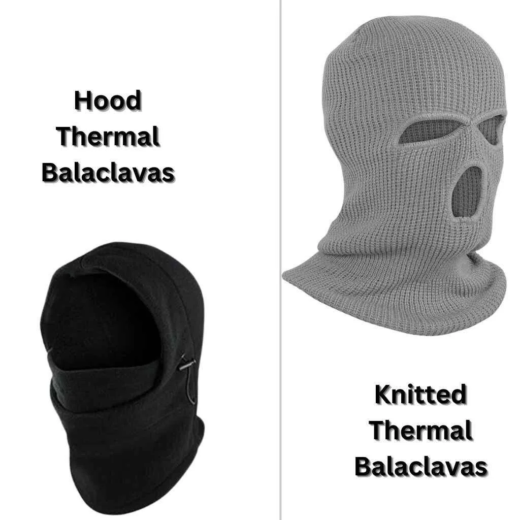 Different types of balaclavas, including thermal, tactical, and versatile designs. Hood and thermal ski mask