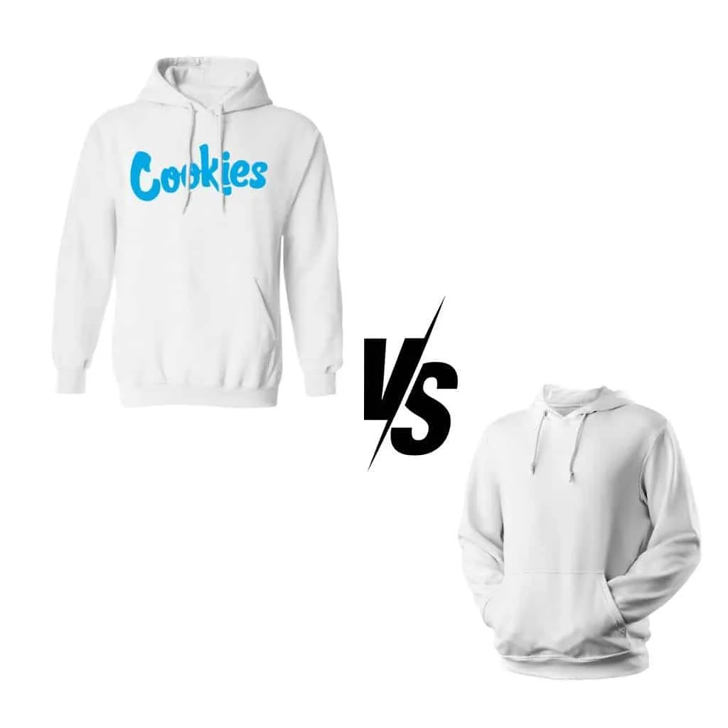  Two white hoodies displayed side by side; one with "Cookies" in blue and the other is a plain white hoodie.