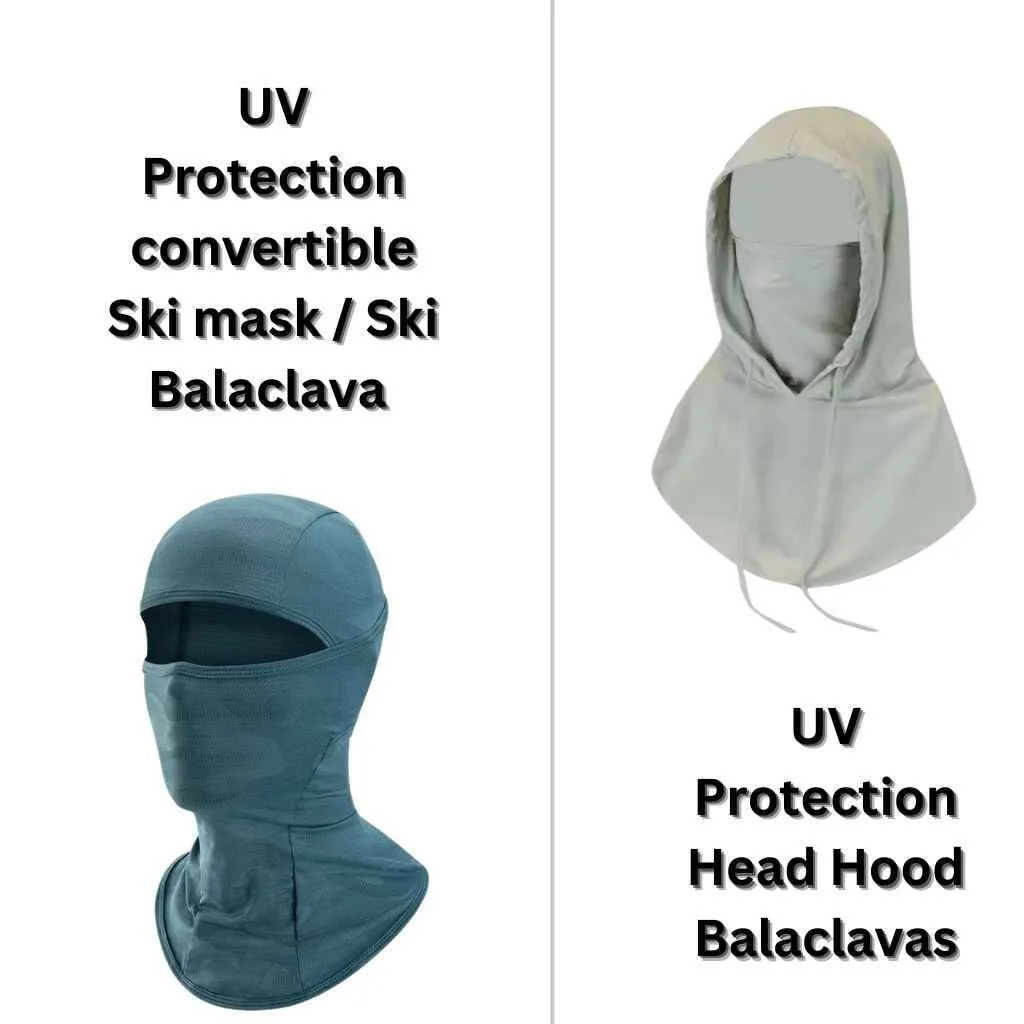 Different types of balaclavas shown in various styles and uses. UV protection balaclavas