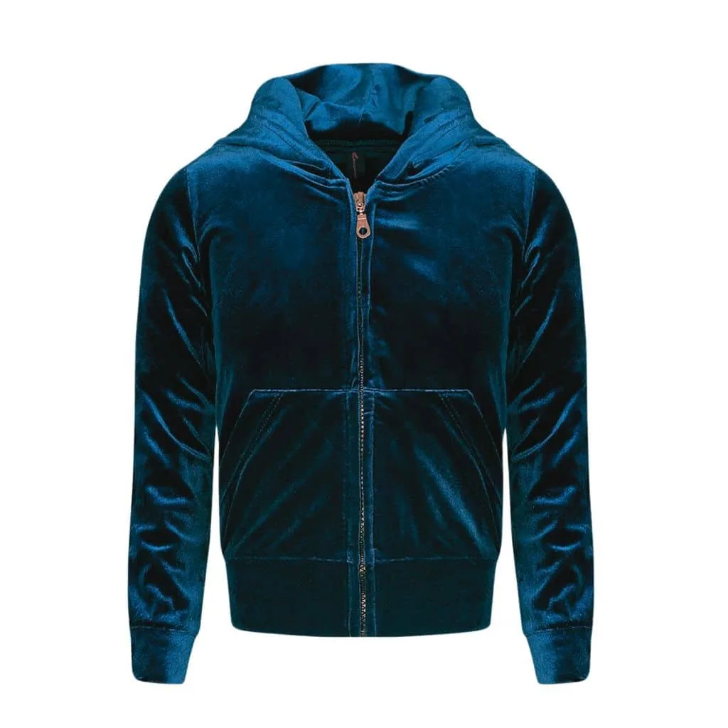 Deep blue velour hoodie with a zip front, hood, and front pockets displayed from the front.
