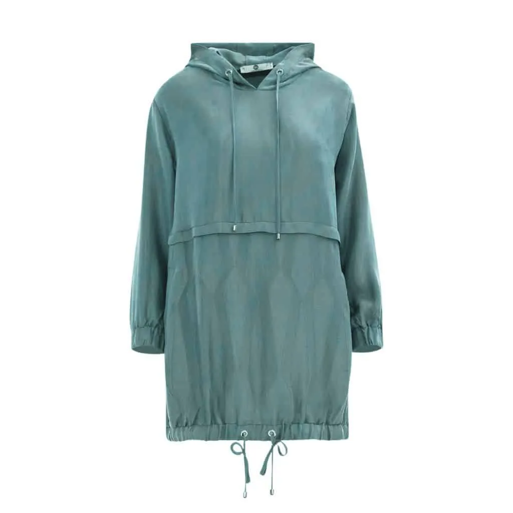 Teal hooded tunic with drawstring waist and long sleeves, displayed from the front.