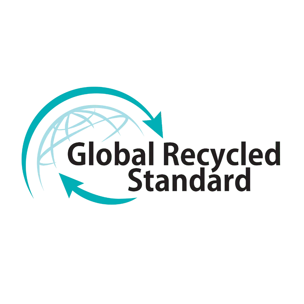 "Global Recycled Standard logo promoting sustainable polyester fabric. The logo features a globe with recycling arrows, symbolizing eco-friendly practices in textile manufacturing."