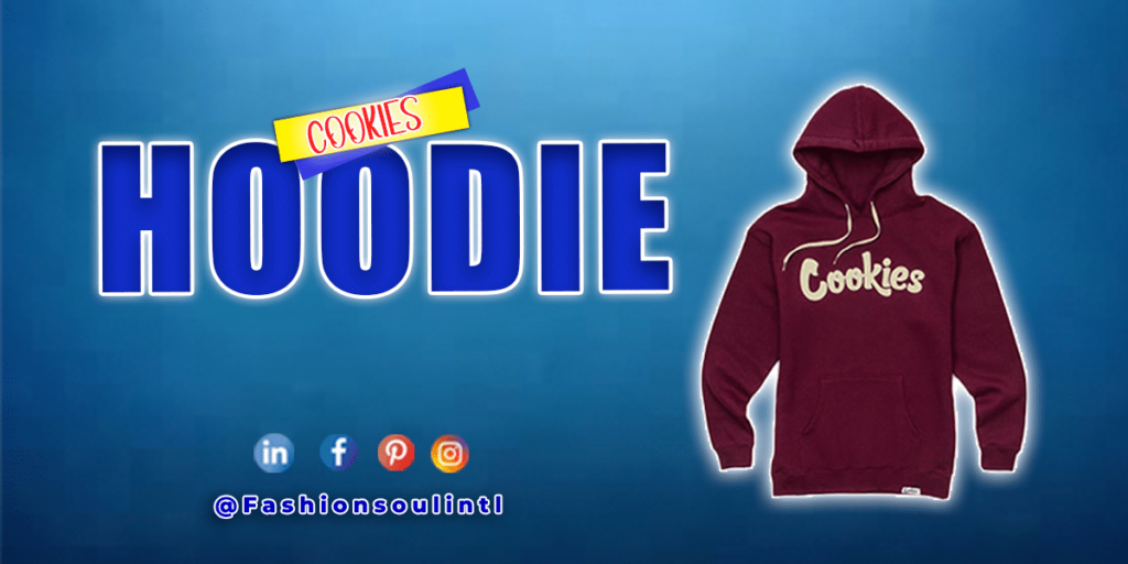 A maroon Cookies Hoodie displayed next to bold text that reads "COOKIES HOODIE" against a blue background.