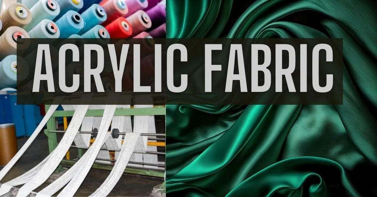 Image depicting acrylic fabric with spools of colorful yarn on the left and a smooth, green satin-like finish on the right, featuring the text 