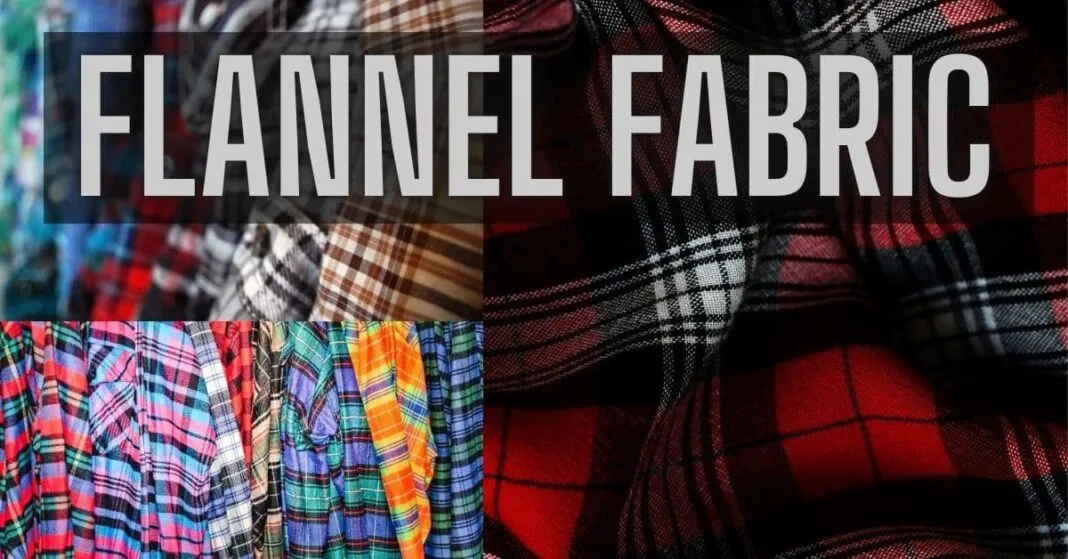 Close-up of various flannel fabrics showcasing colorful patterns and textures, with the text 