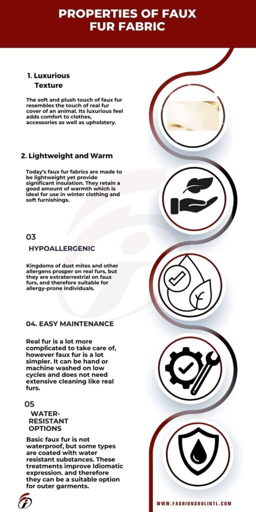 Explore the versatile properties of faux fur fabric ideal for stylish and functional applications. Infographic outlining the properties of faux fur fabric, including texture, warmth, hypoallergenic nature, maintenance ease, and water resistance.