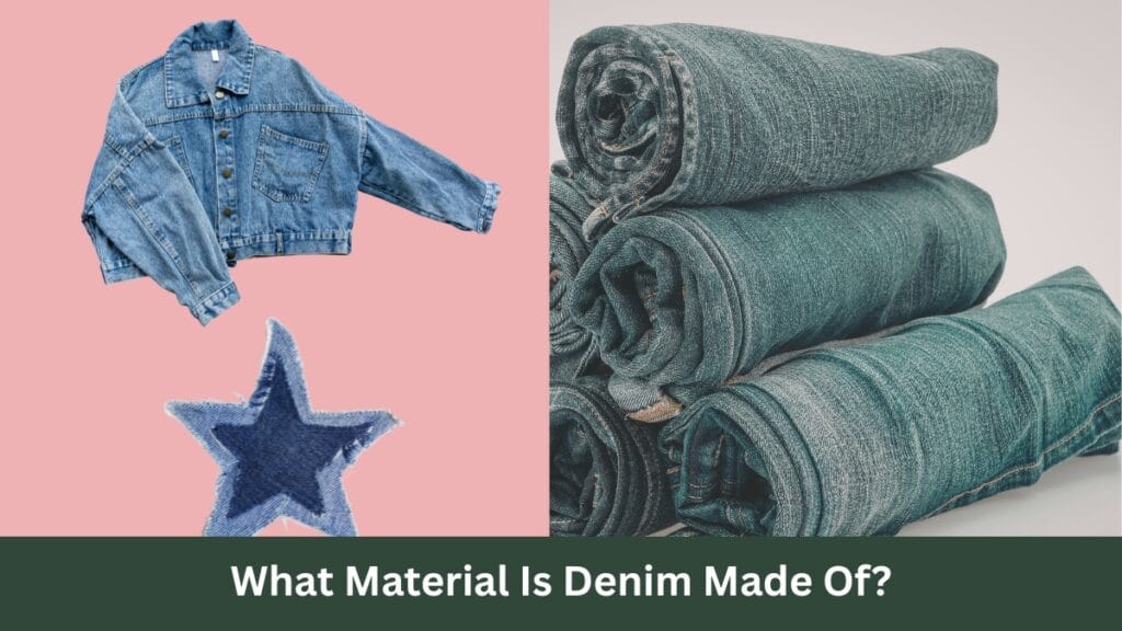 A split-scene image showing denim items on a pink background left and rolled denim fabric on a neutral background right. The left side features a light-wash cropped denim jacket at the top and a dark-blue star-shaped patch below. The right side displays several rolled denim fabrics stacked together.