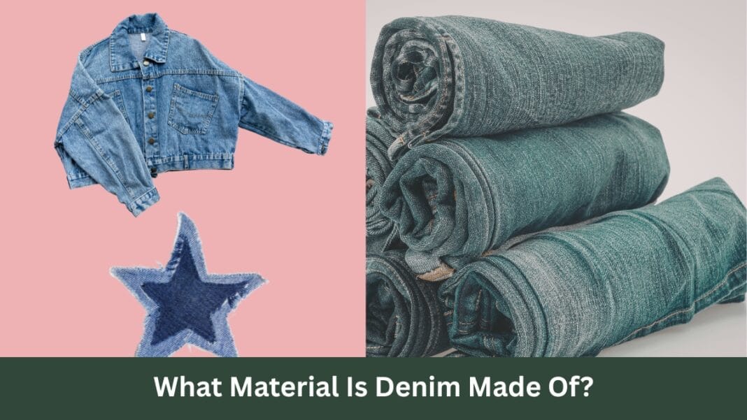 What Material Is Denim Made Of A split-scene image showing denim items on a pink background left and rolled denim fabric on a neutral background right. The left side features a light-wash cropped denim jacket at the top and a dark-blue star-shaped patch below. The right side displays several rolled denim fabrics stacked together.