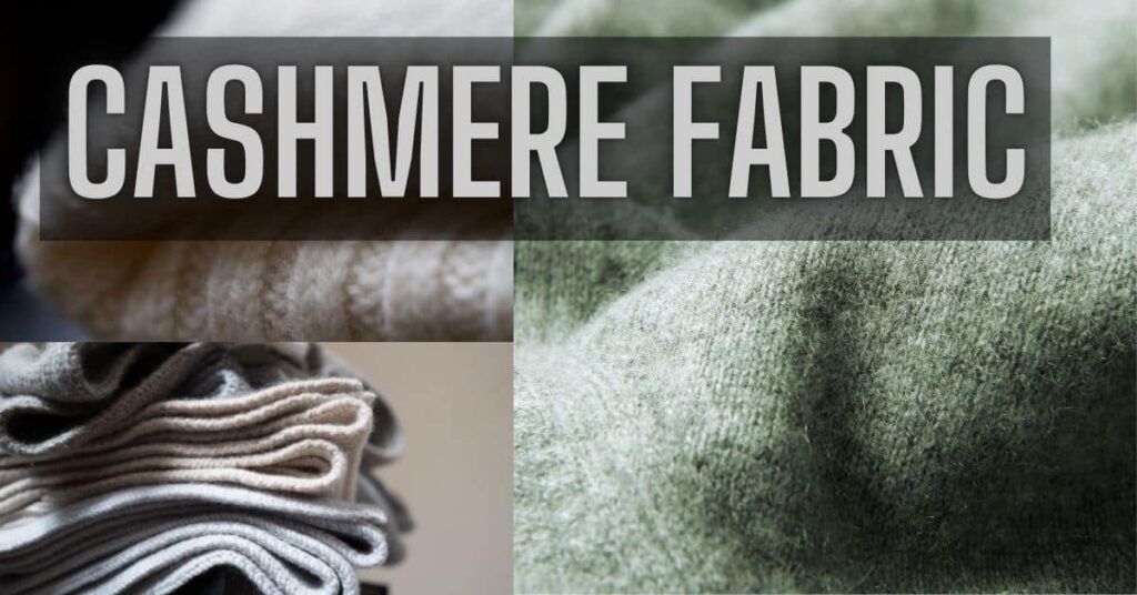 High-quality image showcasing different textures of cashmere fabric with the title "Cashmere Fabric" prominently displayed.