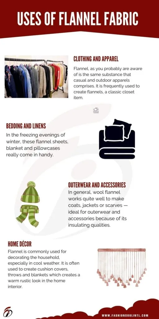 Infographic illustrating the various uses of flannel fabric in clothing, bedding, outerwear, and home décor.