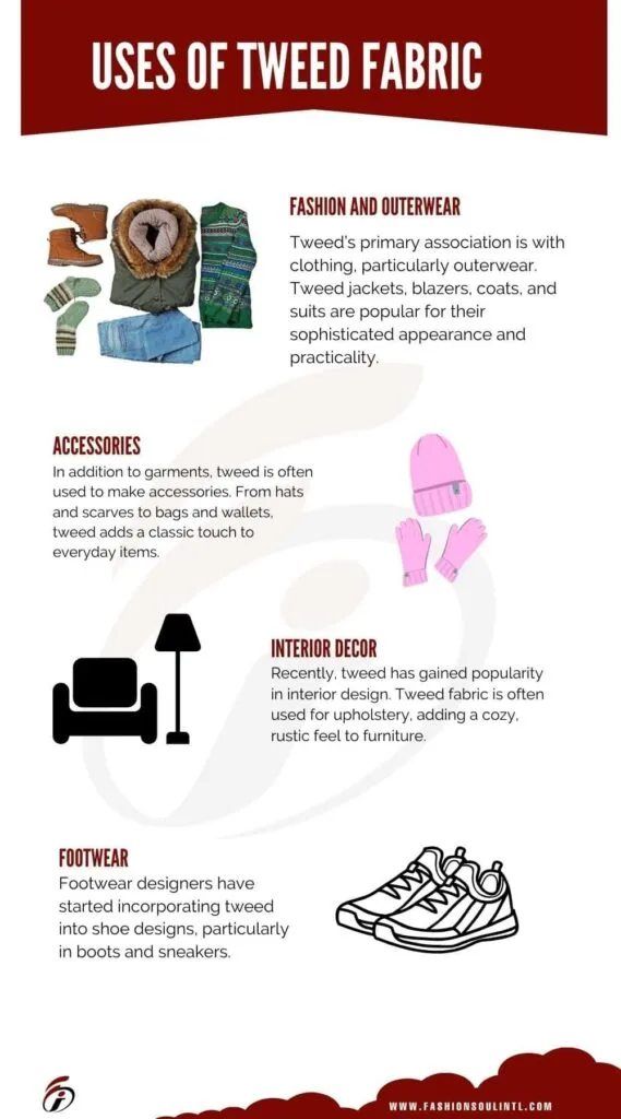 Learn about the versatile uses of tweed fabric in fashion, accessories, interior decor, and footwear, showcasing its timeless style and practicality. Infographic illustrating the various uses of tweed fabric, including fashion and outerwear, accessories, interior decor, and footwear.