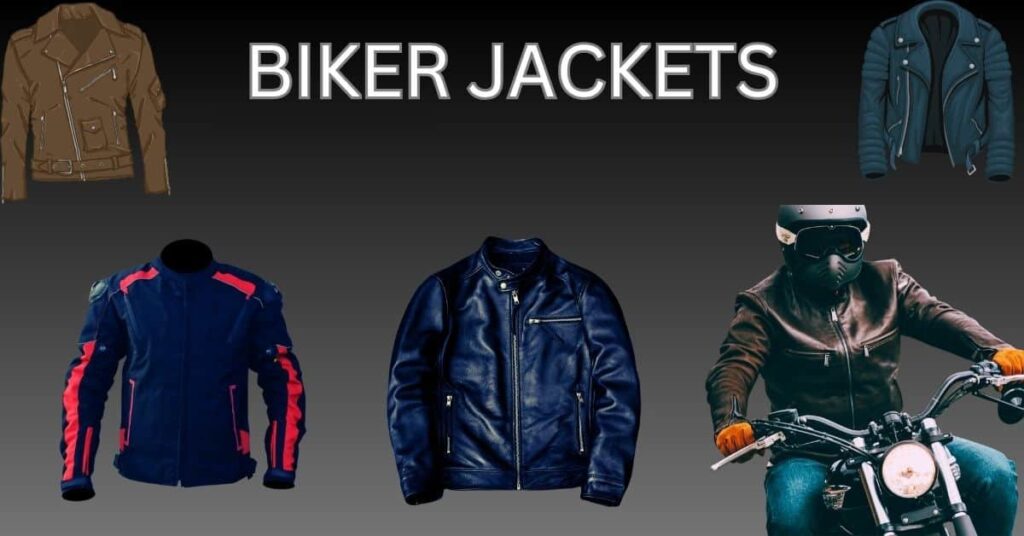 A collage of various biker jackets showcasing styles for motorcycle enthusiasts, including leather and textile options.
