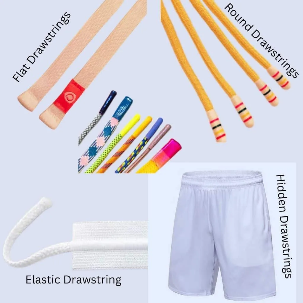 A variety of drawstrings in different lengths, materials, and colors displayed on a flat surface.