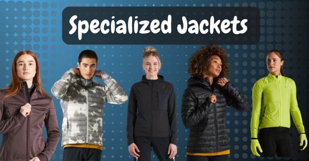 Group of diverse individuals showcasing various specialized jackets designed for specific activities, including outdoor sports and casual wear.