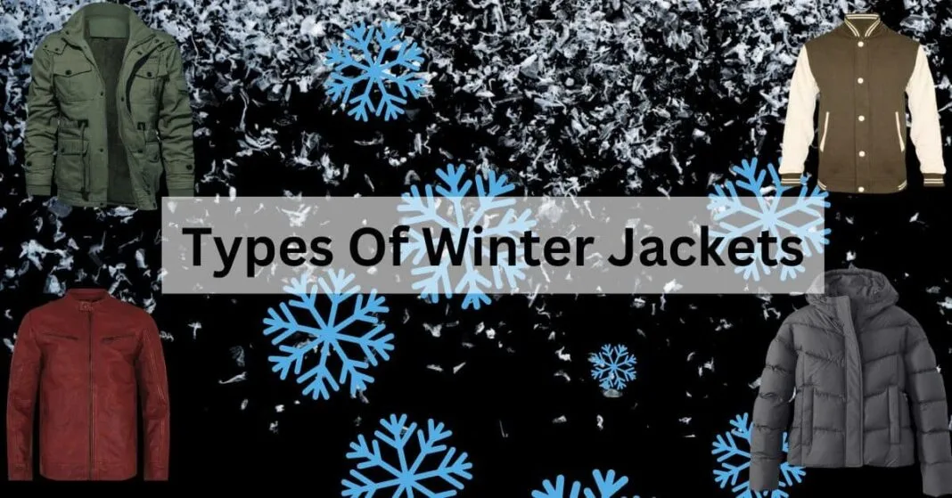 A collage of stylish winter jackets in various designs including a parka, bomber, leather, and puffer against a snowy background.