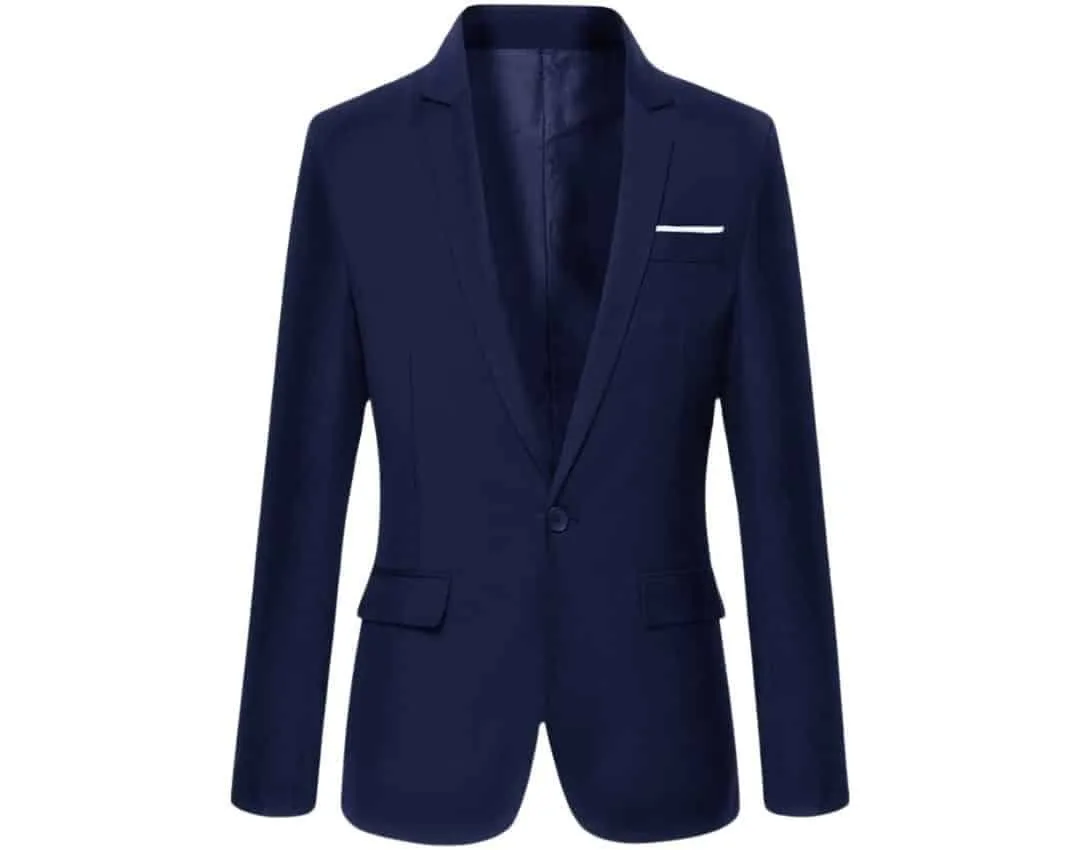 A navy-blue blazer with gold buttons, tailored for versatile semi-formal and business casual looks.