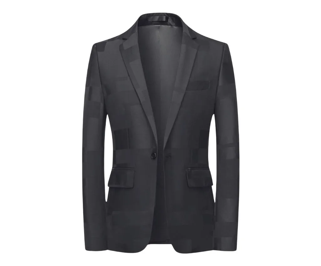Elegant Black Blazer for Formal and Business Attire Stylish black blazer with a subtle patterned design and single button closure