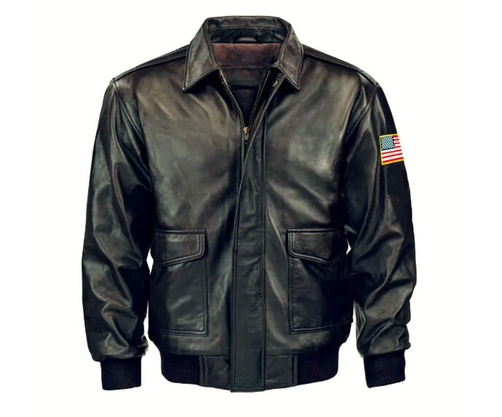 Black Leather Military Jacket with American Flag Patch - Stylish and Durable Outerwear Black leather military jacket with American flag patch on the arm.