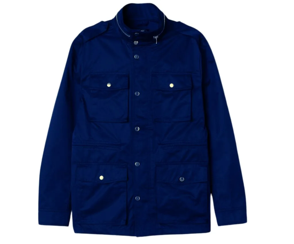 Functional Navy Blue Moto Jacket for Everyday Wear Navy blue moto jacket with multiple pockets and snap button closures