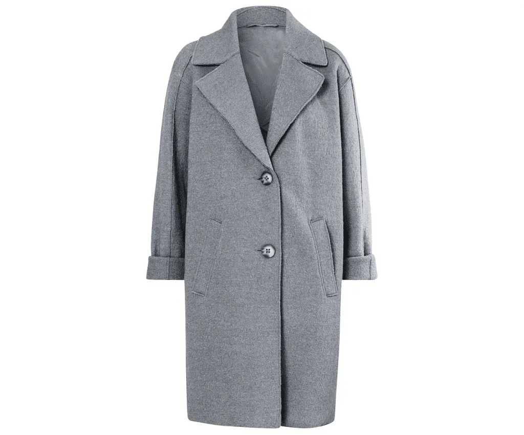 Elegant Gray Overcoat with Classic Collar and Button Closure for All Seasons. Elegant gray overcoat with a classic collar and double buttons.