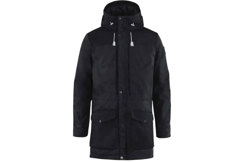 Men's Black Waterproof Parka Jacket with Hood and Pockets Black parka jacket with a hood and front pockets.