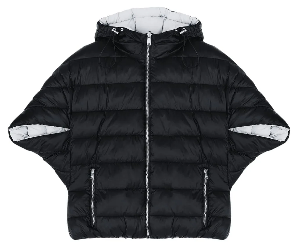 Stylish Black Puffer Poncho with Hood and Zip Front for Ultimate Warmth. Black puffer poncho with a zip front and hood, featuring side pockets.