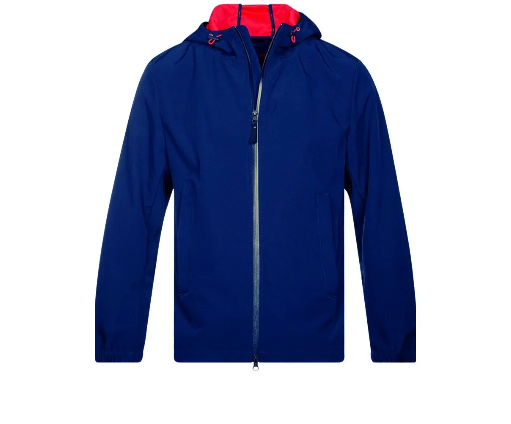 Dynamic Navy Soft Shell Jacket with Red Hood for Outdoor Comfort. Navy soft shell jacket with a red hood and zip front closure.