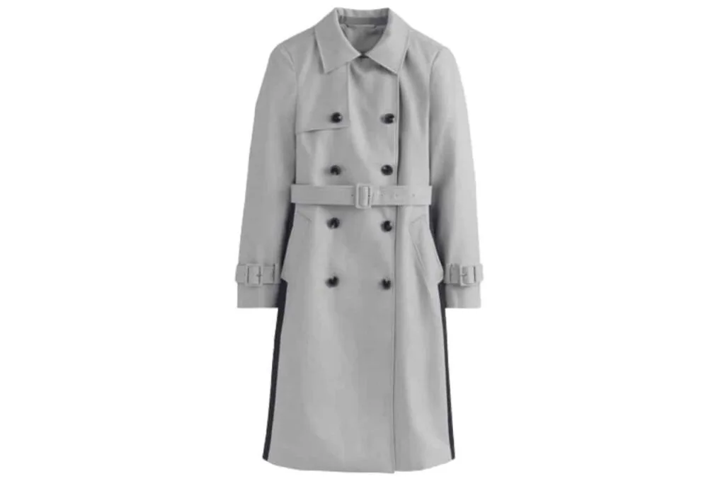 Trendy Gray Double-Breasted Trench Coat for Timeless Style and Comfort Gray trench coat with double-breasted buttons and belted waist, displayed against a white background.