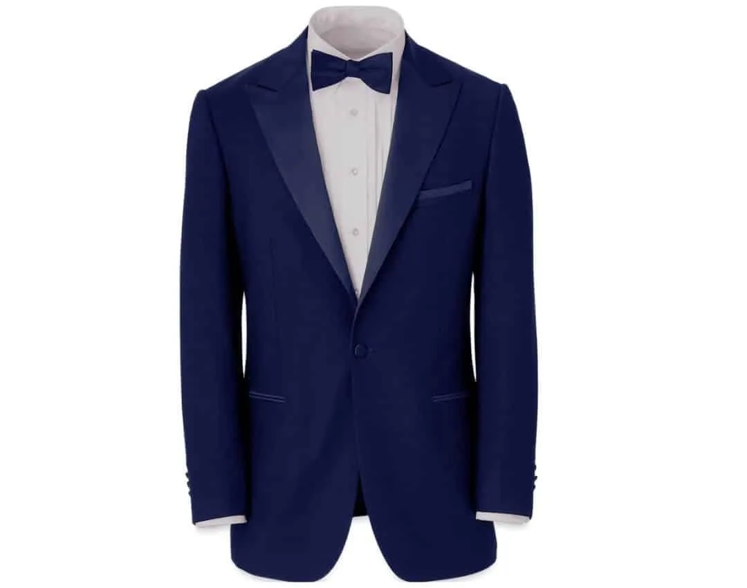 A sleek black tuxedo jacket with satin lapels, perfect for formal events and black-tie occasions.